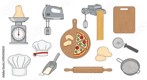 Collection of kitchen tools and ingredients for making homemade pizza including a mixer, dough, and fresh toppings.