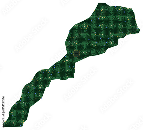 Circuit board map vector illustration of Morocco – Digital PCB Territory, Transparent Background, Technology, Communication