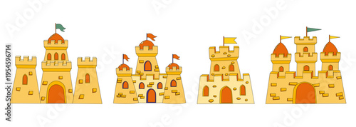 Sand castle collection various designs for beach activity. Flat cartoon of summer sand towers isolated on white background. Vector illustration