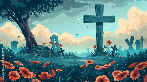 Graveyard scene with flowers and crosses during an evening sky