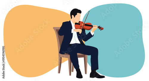 Professional male musician in suit playing violin while sitting on chair against abstract blue and orange background in flat style.