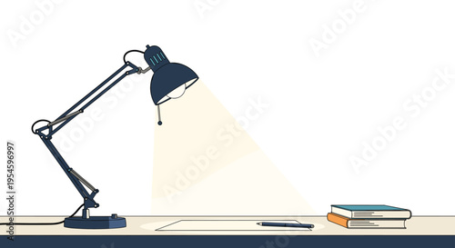 Blue desk lamp illuminating a workspace with notebook and pen alongside stack of books in minimalist flat illustration style.