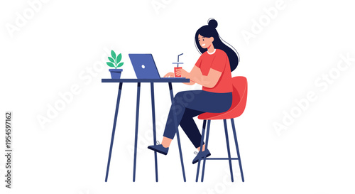 Young woman sitting on high chair at table while working on laptop and drinking coffee in cafe or modern office space.