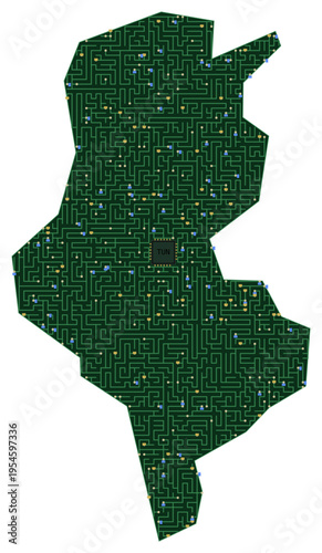 Circuit board map vector illustration of Tunisia – Digital PCB Territory, Transparent Background, Technology, Communication