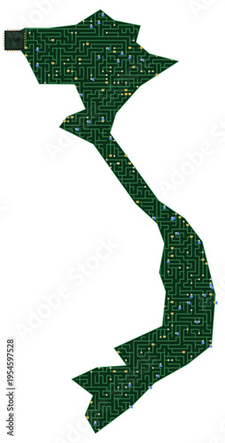 Circuit board map vector illustration of Vietnam – Digital PCB Territory, Transparent Background, Technology, Communication