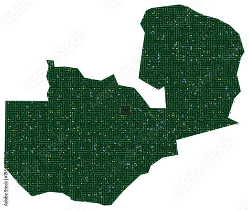 Circuit board map vector illustration of Zambia – Digital PCB Territory, Transparent Background, Technology, Communication