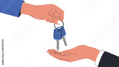 Car buying renting and sharing service concept with agent handing remote auto key to customer minimal outline vector illustration