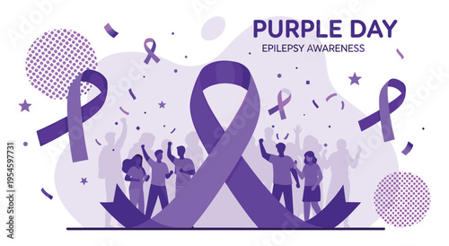 Purple Day epilepsy awareness ribbon and people celebrating