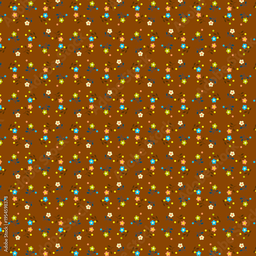Country style floral pattern Simple small wild flowers, leaves Warm brown background Print on fabric for sewing Textile design Gift wrapping