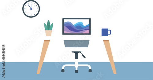 Modern office workplace with colorful equipment and furniture including computers desks chairs infographic style minimal outline vector illustration
