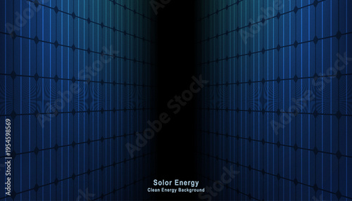 Abstract solar energy background, futuristic perspective of blue photovoltaic panels forming digital corridor, symbolizing renewable energy, clean technology, power generation and eco innovation