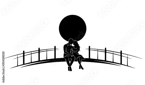 Dreamy Moonlight Couple on Bridge Panoramic Desktop Wallpaper Vector