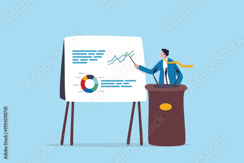 Presentation in public meeting, professional communication conference, talk or speaker in training room, present business strategy, confidence businessman presenting chart and graph on stage.