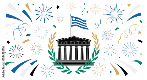 Greek independence day celebration with building and fireworks