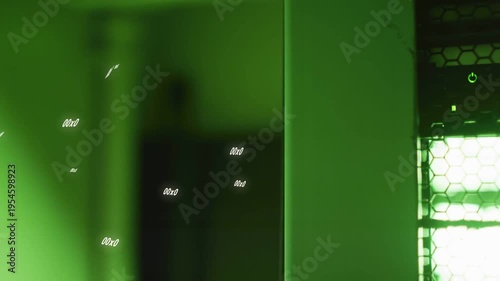 Grill pulsing green LED initiating glyphs moving left across glossy panel indicating tech status