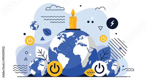 Earth globe with candle and power buttons promoting energy saving