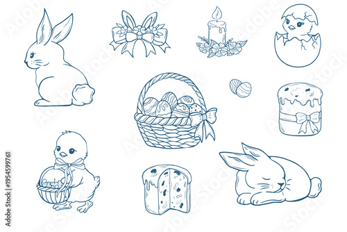 Easter Clipart Collection with Bunnies, Chicks, Basket and Traditional Holiday Elements, Hand Drawn Line Art