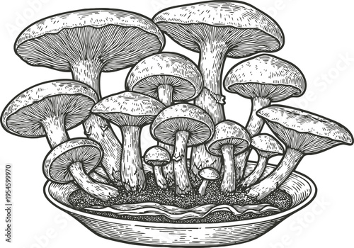 Cluster of wild mushrooms growing on forest ground, detailed black and white botanical illustration