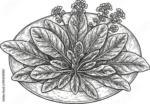 Plantain leaves and flowers on a round plate, detailed botanical vintage engraving illustration