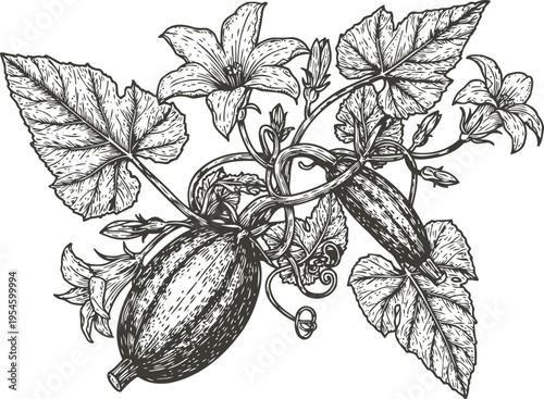 vintage botanical illustration of cucumber plant with fruits, flowers, and large leaves in black and white