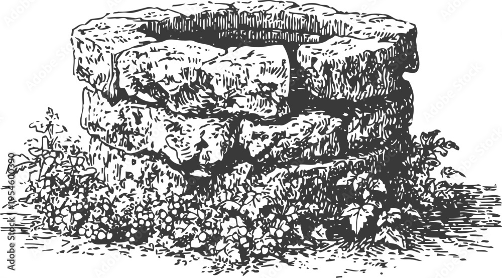 Obraz premium Old stone well with plants growing around vintage hand drawn garden water source illustration