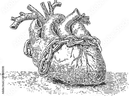Anatomical human heart wrapped in chain vintage engraving of locked cardio organ symbolizing restriction or captivity