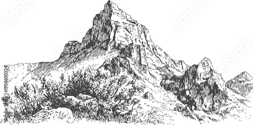 Mountain landscape illustration with rocky peaks and foreground trees detailed sketch