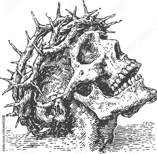 Vintage detailed black and white illustration of human skull with crown of thorns from side view