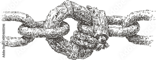 Strong metal chain with a tight knot linking two chain segments, detailed vintage engraving illustration