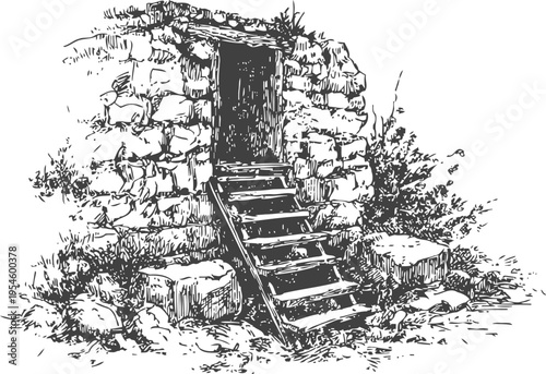 Ancient stone house ruin with wooden stairs and rustic vegetation sketch drawing