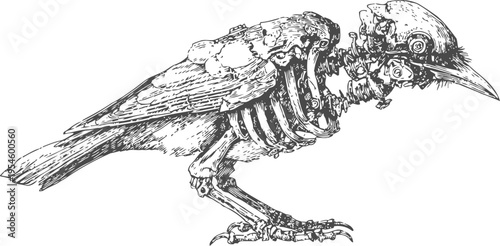 intricate skeletal bird illustration with detailed bones and feathers in black and white drawing