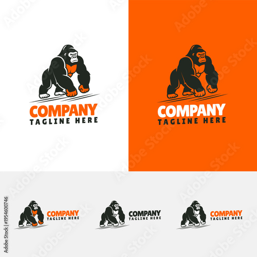 Dynamic Gorilla Action Pose Mascot Logo in Black and Orange with Multiple Color Variations