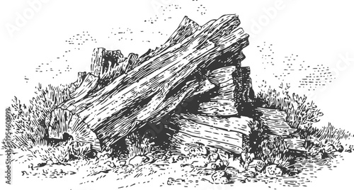 Old fallen tree logs and stumps in natural forest environment detailed black and white sketch