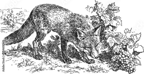 Fox sniffing ripe grapes on the vine vintage black and white wildlife engraving illustration