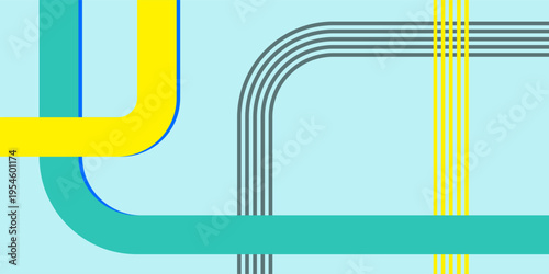 Abstract geometric pattern with colorful lines and dots on a light blue background.