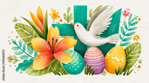 Catholic Easter card. Lilies, a golden cross, a dove and Easter colored eggs. Tex Feliz Pascoa.