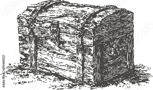 Old wooden treasure chest with metal bands and padlock, vintage rustic storage container