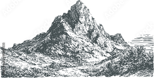 Detailed vintage mountain landscape with rocky peaks, hills, and surrounding vegetation in monochrome