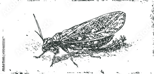 detailed vintage engraving of a cicada insect with fully textured wings and body
