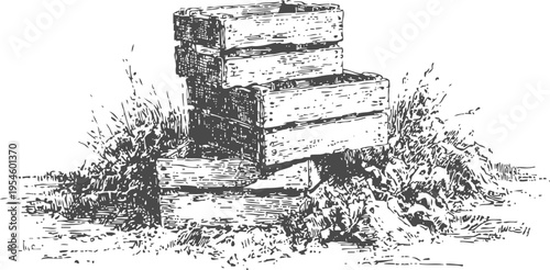 wooden crates stacked outdoors with grass and rocks, rustic vintage illustration