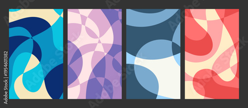Set of four abstract colorful backgrounds with overlapping shapes.