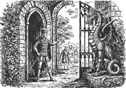 Medieval knight confronting fierce stone dragon statue at castle gate entrance