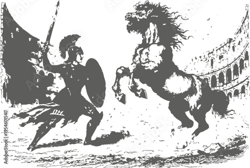 Ancient gladiator fighting a rearing lion inside a roman amphitheater arena