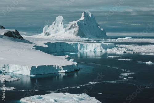 Glacial landscape with icebergs floating in dark Arctic waters under a cloudy sky