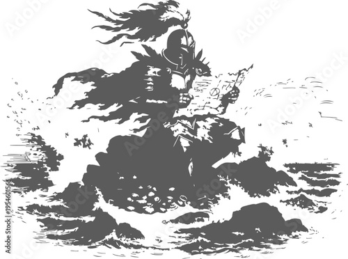 Medieval knight holding shield and sword standing on rocky shore with ocean waves crashing