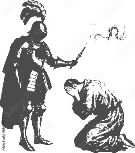 medieval knight knighting a kneeling man with a sword in a ceremonial ritual