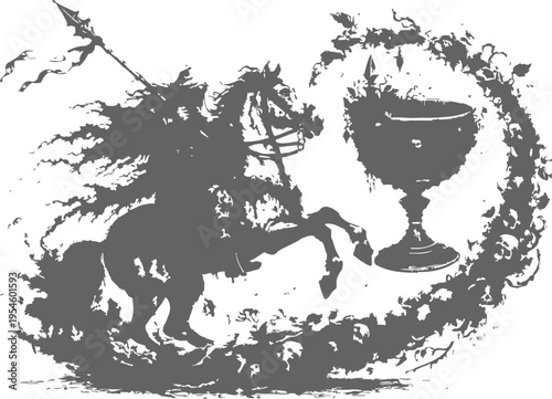 Medieval knight on horseback charging with lance toward magical glowing chalice surrounded by swirling flames