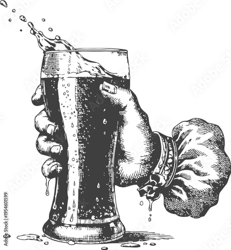 Vintage hand holding frothy beer glass with splash and foam, detailed black and white illustration