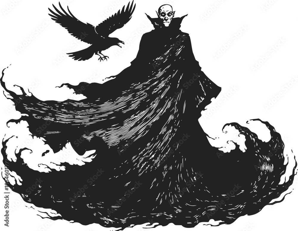 Obraz premium Dark vampire figure with flowing cloak and flying raven, gothic horror vampire silhouette
