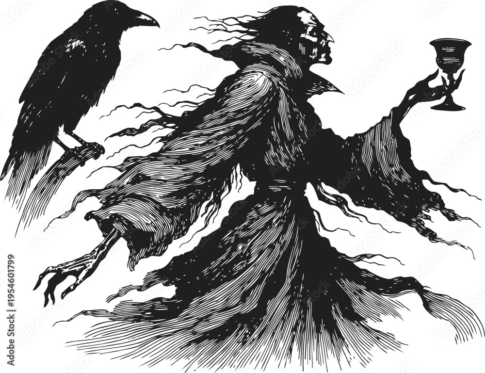 Fototapeta premium Dark ghostly figure with flowing robes holding a goblet and a perched raven on the arm